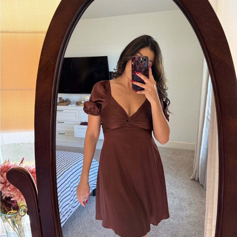Express Satin Brown Puff Sleeve Dress